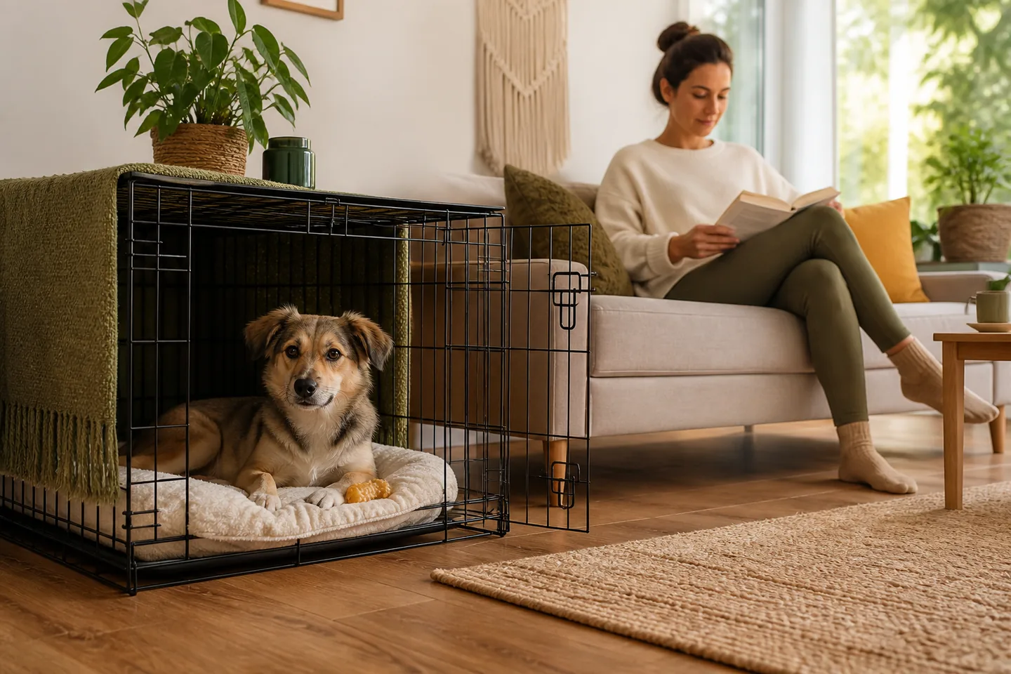Relaxed dog resting in an open crate while its owner reads nearby