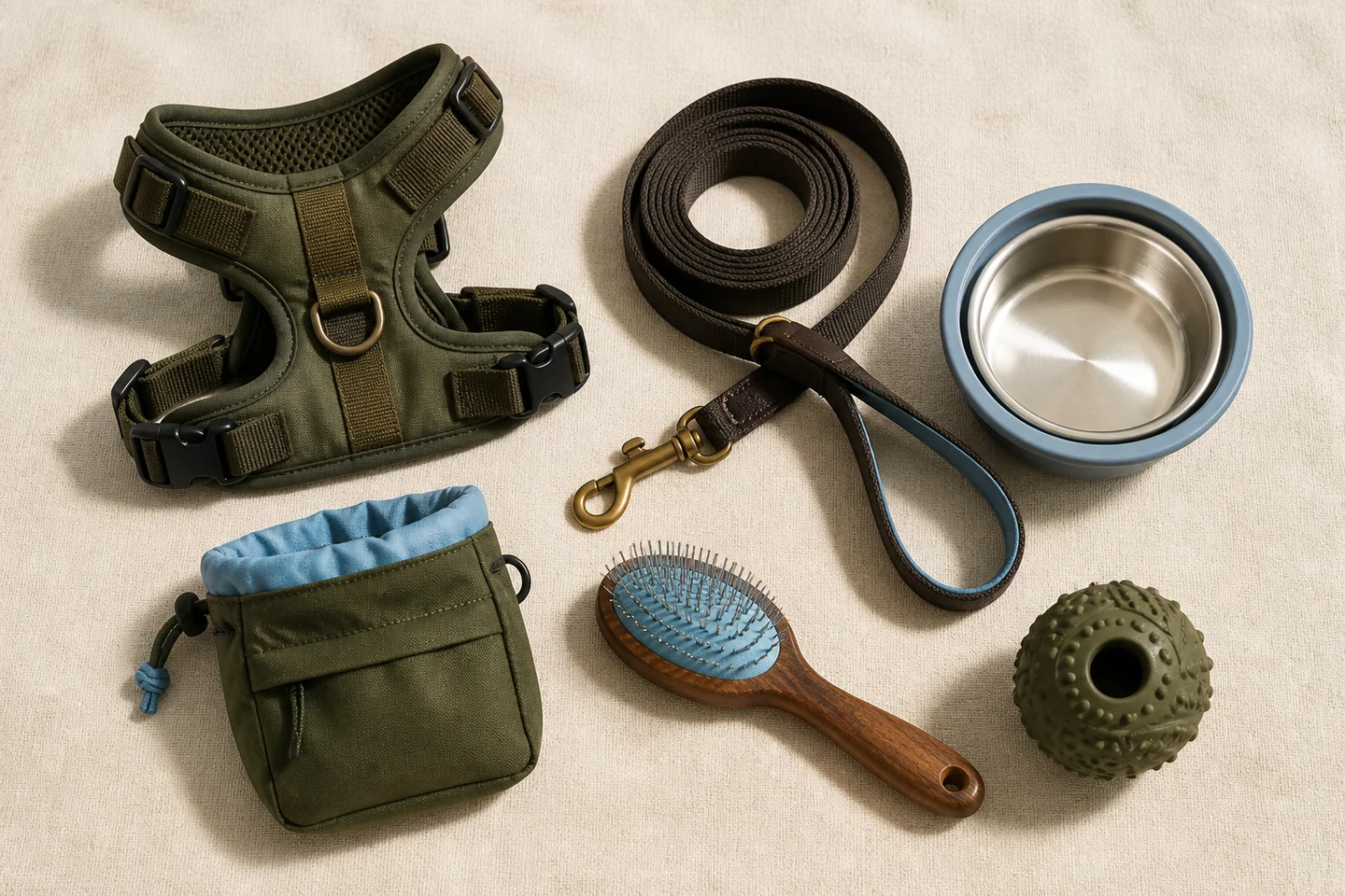 Practical-dog-gear-including-harness-leash-bowl-and-brush