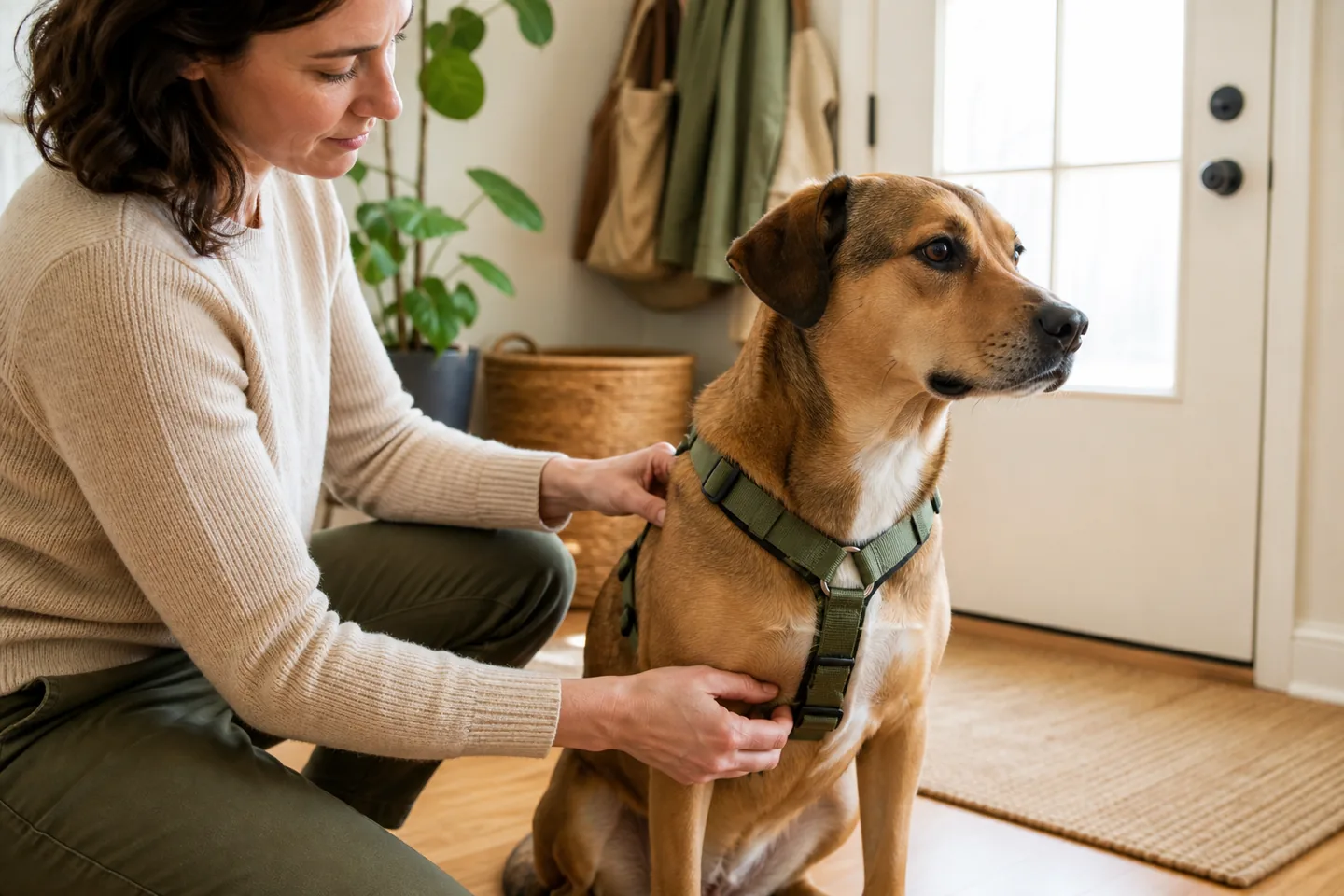 Owner fitting a comfortable harness on a relaxed dog