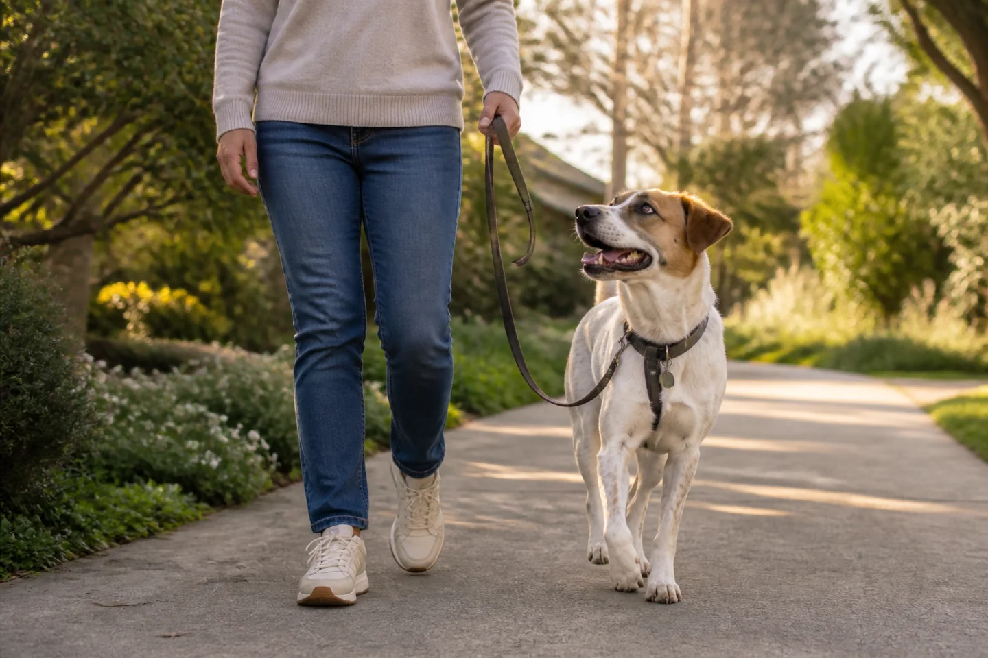 Dog-walking-calmly-with-owner