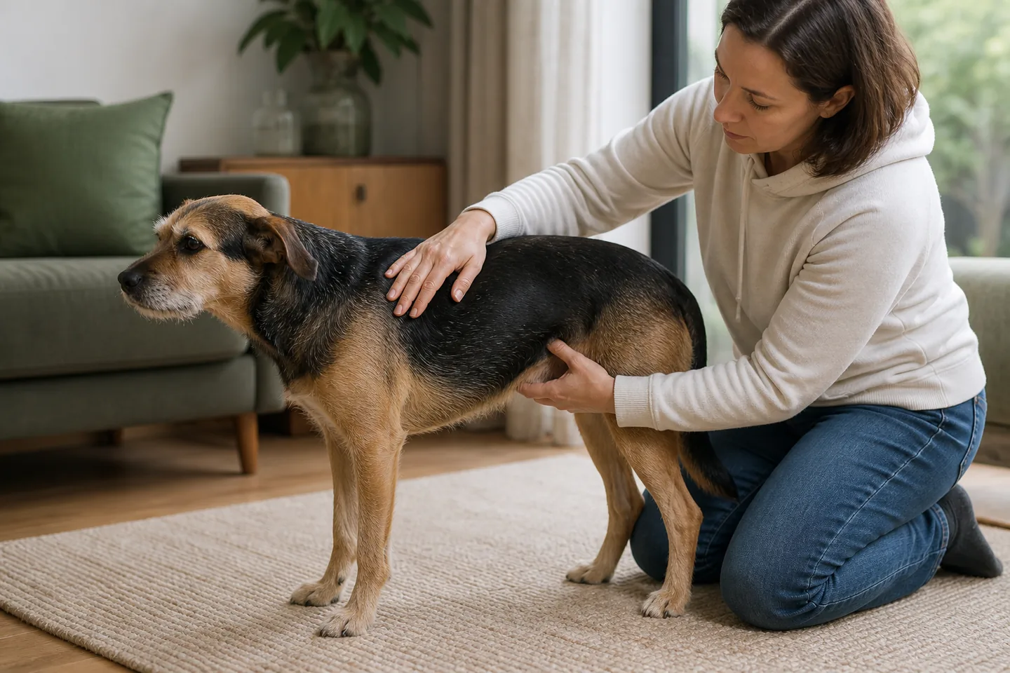 Owner gently checking the body condition of a relaxed dog