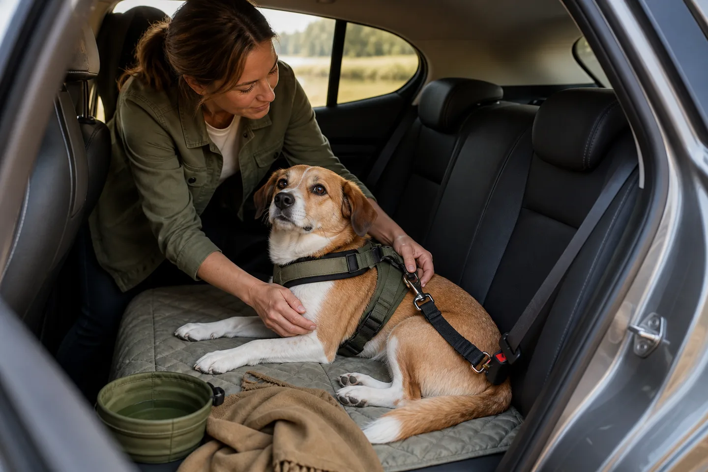 Dog secured with a safety harness on the rear seat of a car