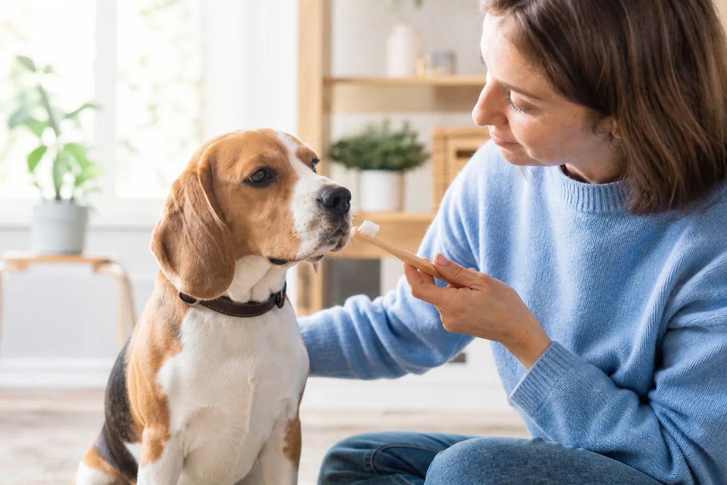 Owner gently introducing a toothbrush to a relaxed beagle