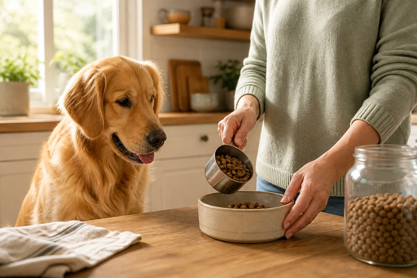 Owner measuring a portion of food for a golden retriever