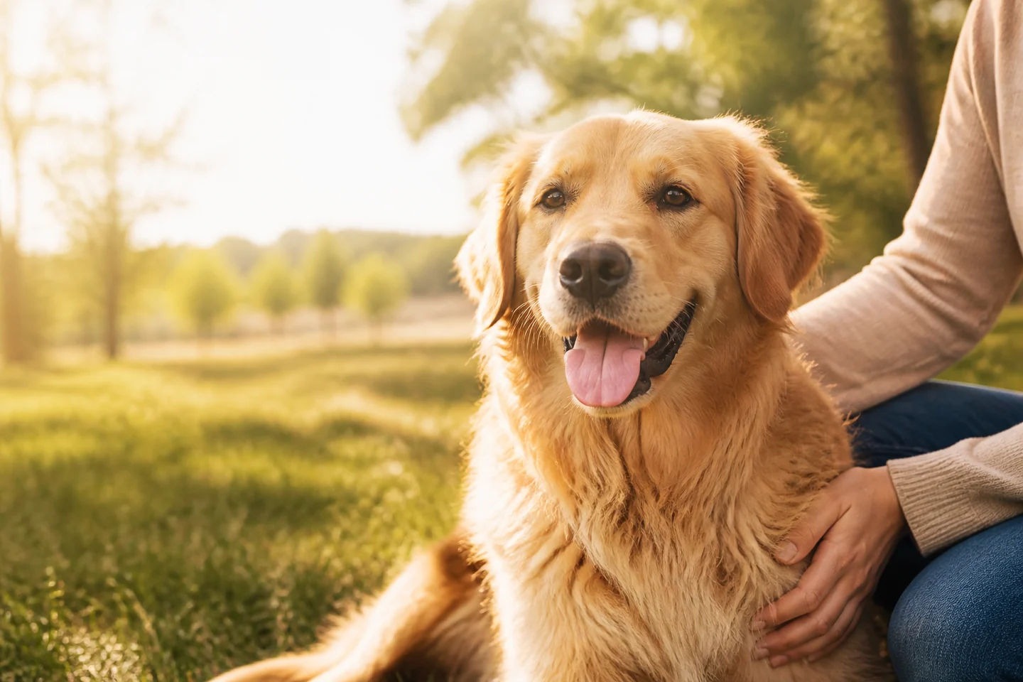Happy golden retriever relaxing outdoors with its owner