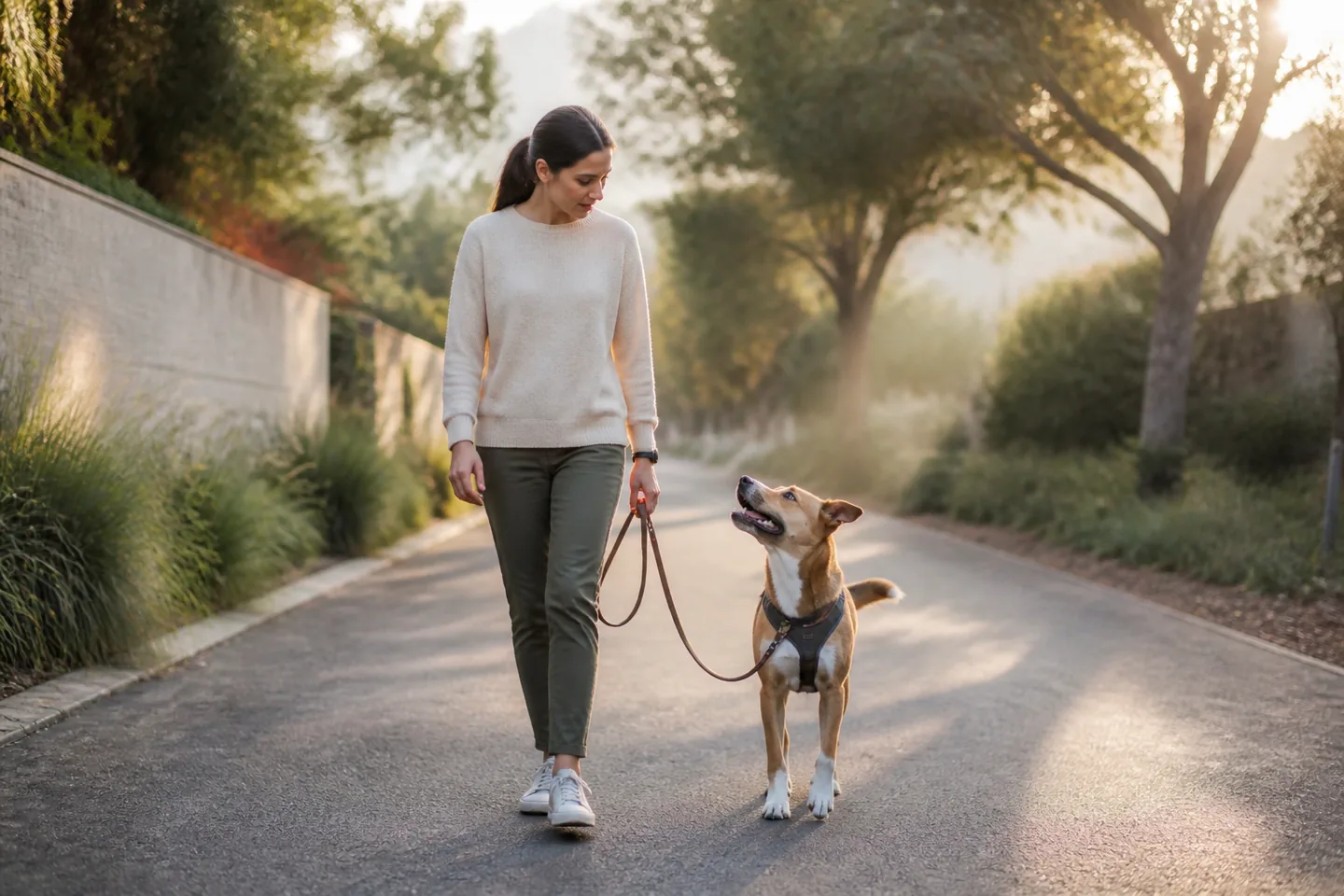 Dog walking calmly beside an owner on a loose leash