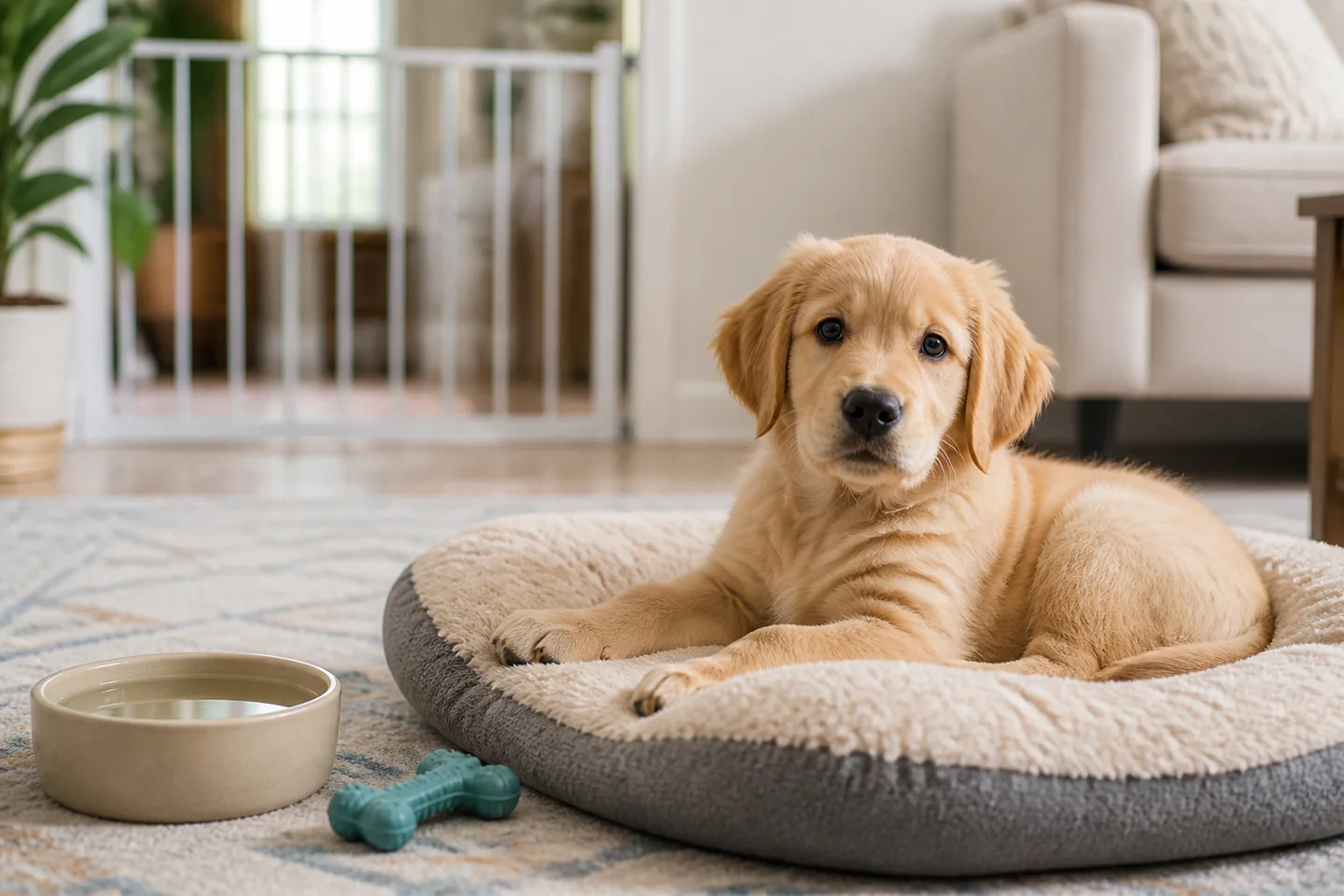 Golden-retriever-puppy-resting-in-prepared-home-space