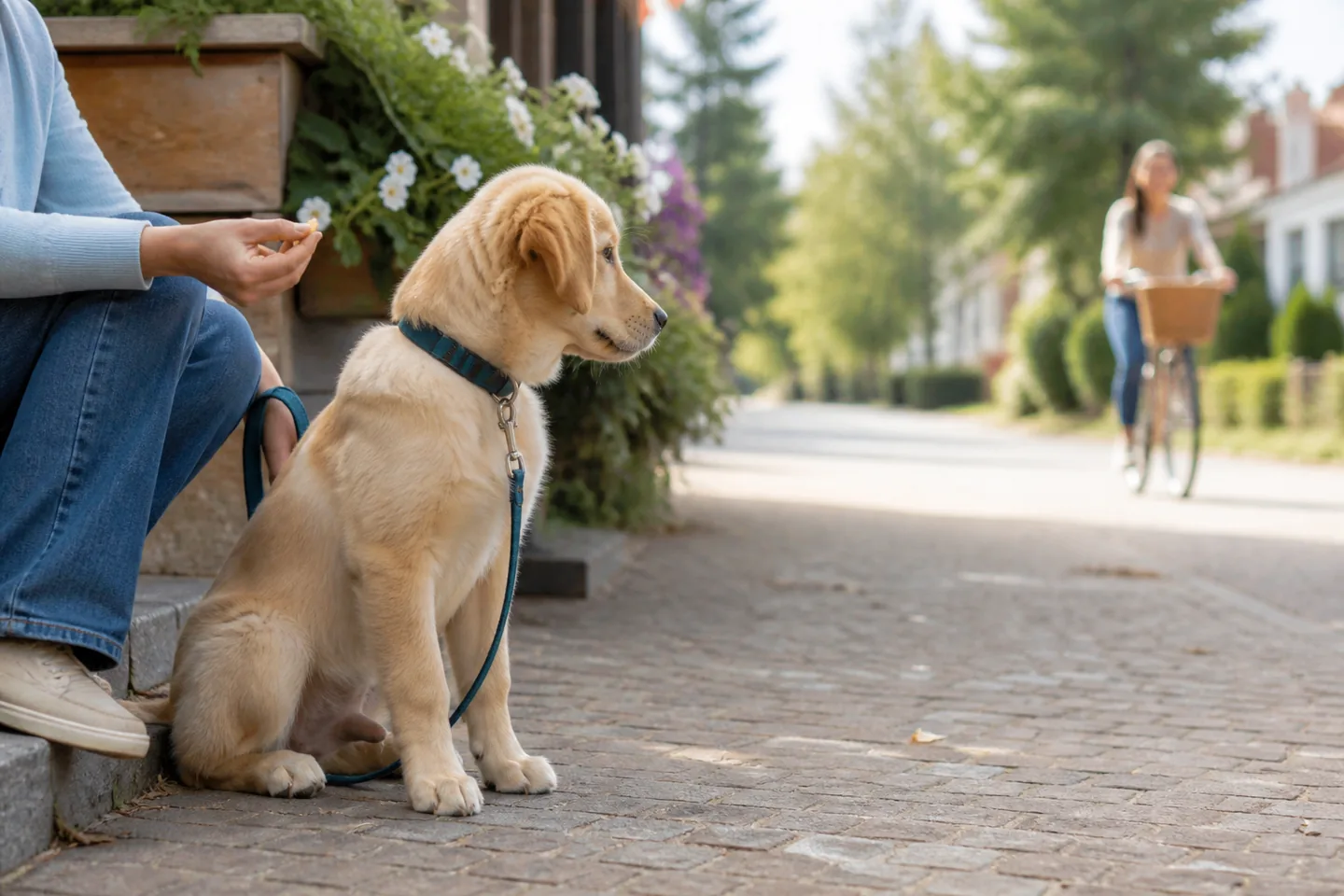 Puppy calmly observing neighborhood activity beside an owner