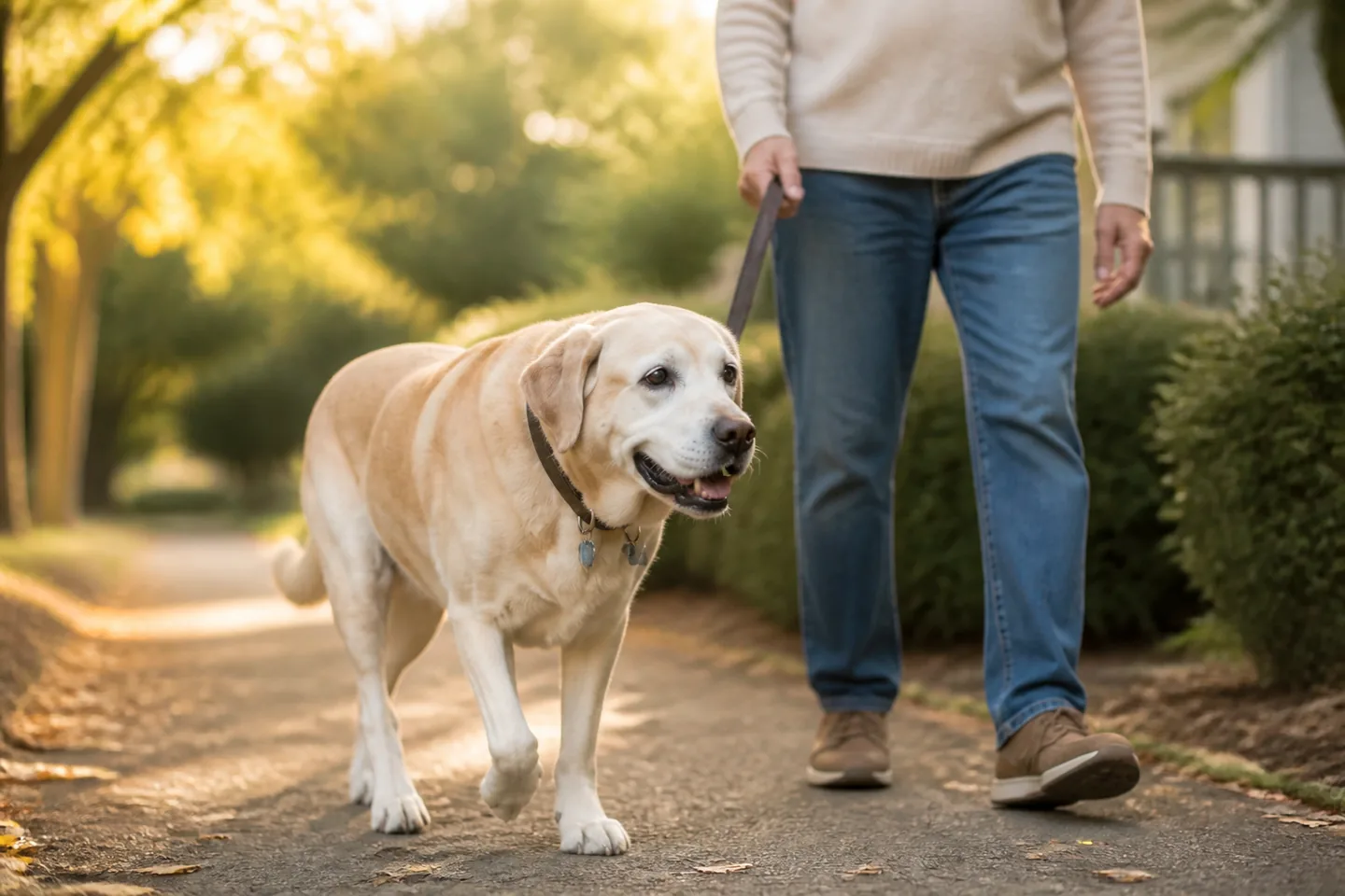 Senior Labrador enjoying a gentle walk with an owner