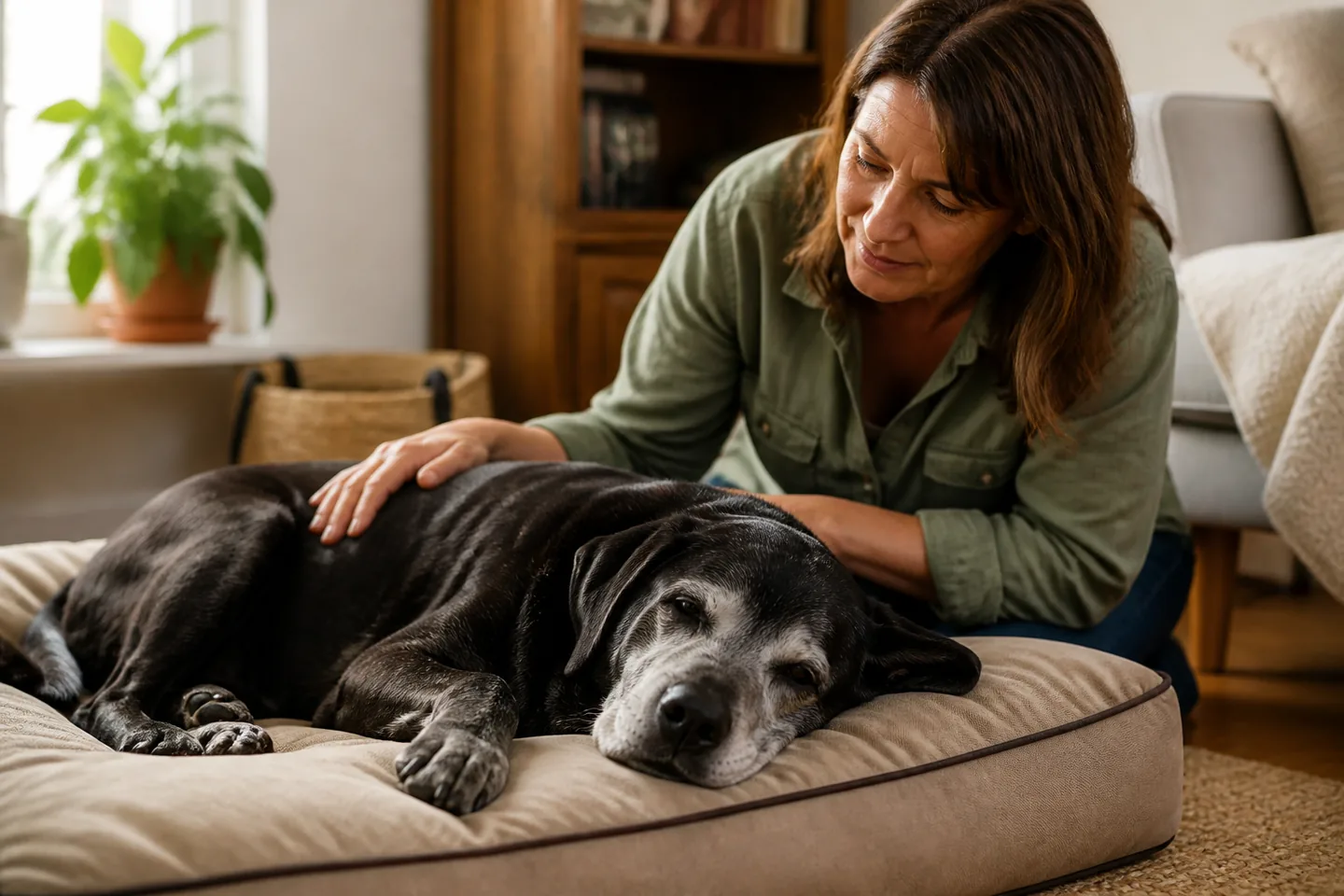 Owner attentively comforting a senior Labrador resting on a bed