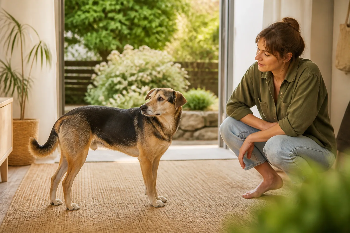 Dog owner calmly observing a dog with relaxed body language