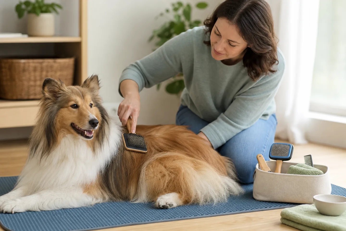 Owner gently brushing a relaxed long-coated dog
